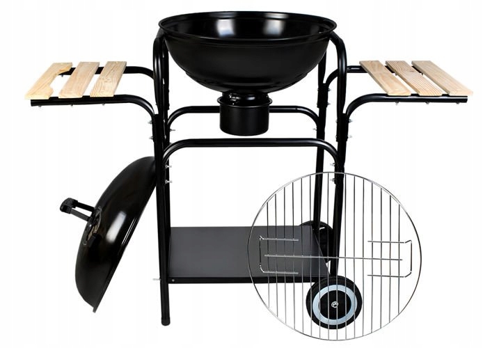 GRILL OGRODOWY WĘGLOWY OKRĄGŁY Z POKRYWĄ I PÓŁKAMI