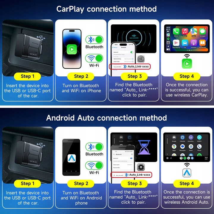 HEYINCAR 2 w 1 Bezprzewodowy adapter samochodowy Apple Carplay Android