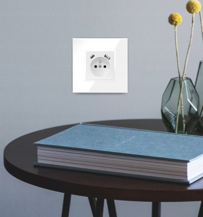 GNIAZDO GNIAZDKO SZKLANE POJEDYNCZE PODTYNKOWE BOLCEM BIAŁE USB C PREMIUM
