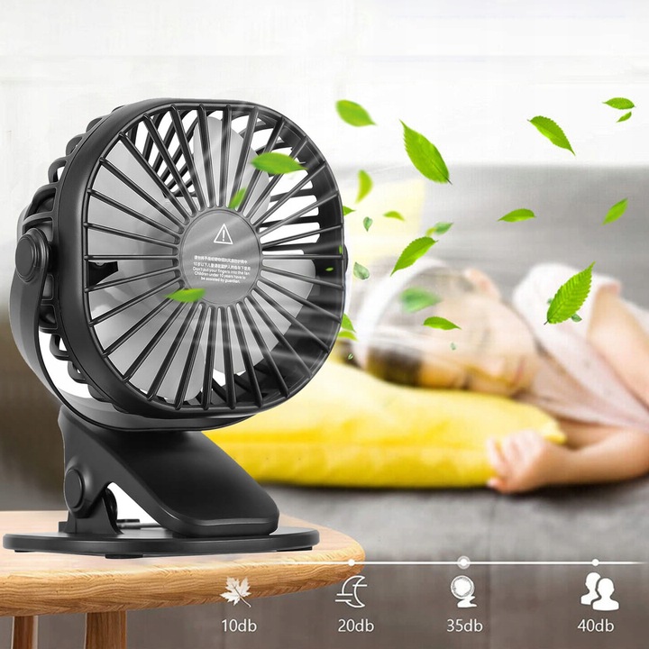 MINI WENTYLATOR NA KLIPS STOŁOWY CICHY USB REGULACJA 360° Z AKUMULATOREM