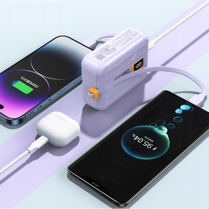 ŁADOWARKA POWER BANK 10000 mAh 30W 3A PRZENOŚNA LIGHTNING / USB-C 2x KABEL