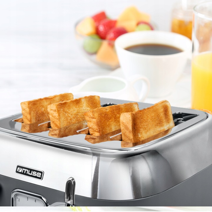 TOSTER OPIEKACZ RETRO DUŻA MOC 1800W NA 4 TOSTY SZARY/SREBRNY MUSE MS-131DG