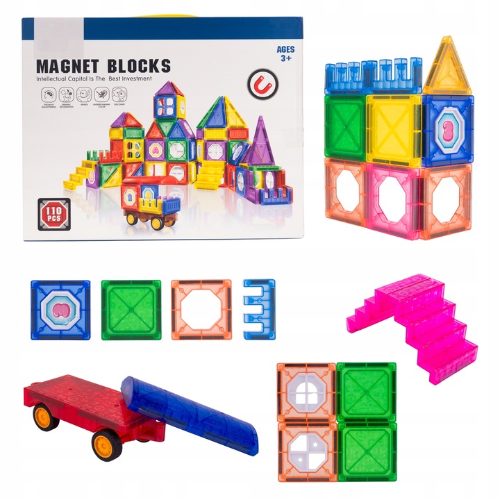 Klocki Magnetyczne 3D Zamek i Pojazdy Duży Zestaw 110 Elementów Edukacyjne
