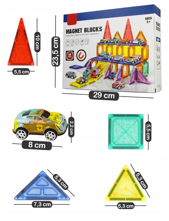 KONSTRUKCYJNE KLOCKI MAGNETYCZNE 3D TOR SAMOCHODOWY 20 autek ZESTAW 68el