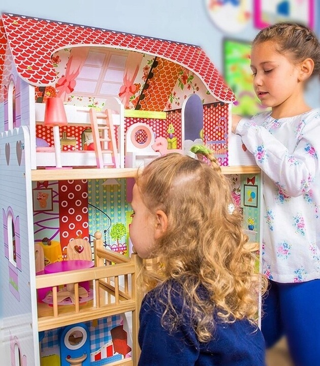 Duży Domek Dla Lalek XXL Drewniany Mebelki Do Zestawu Oświetlenie LED