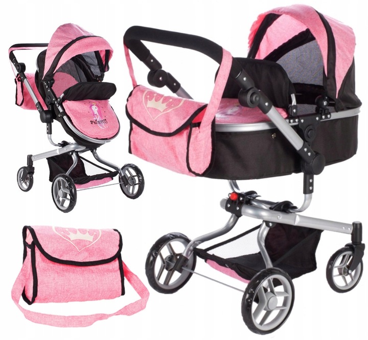 WÓZEK DLA LALEK GŁĘBOKI SPACERÓWKA 2w1 LEKKI SKŁADANY + TORBA + GONDOLA
