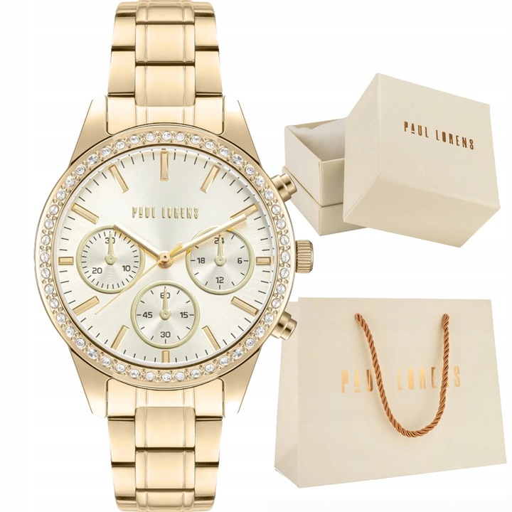 Elegancki zegarek damski z cyrkoniami Paul Lorens na bransolecie złoty