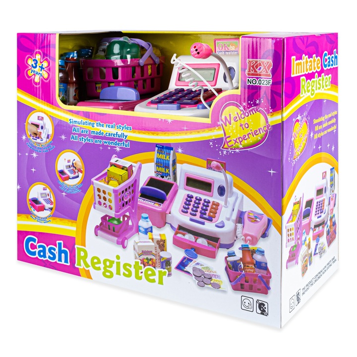 DUŻA INTERAKTYWNA KASA FISKALNA DLA DZIECI KOSZYK WÓZEK + AKCESORIA