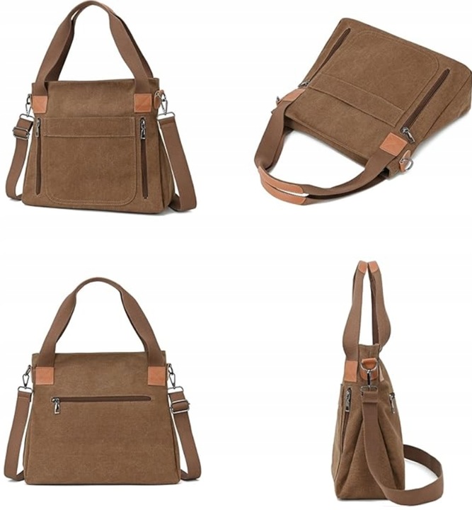 TORBA TOREBKA DAMSKA NA RAMIĘ POJEMNA MOCNA LISTONOSZKA PŁÓCIENNA BRĄZOWA