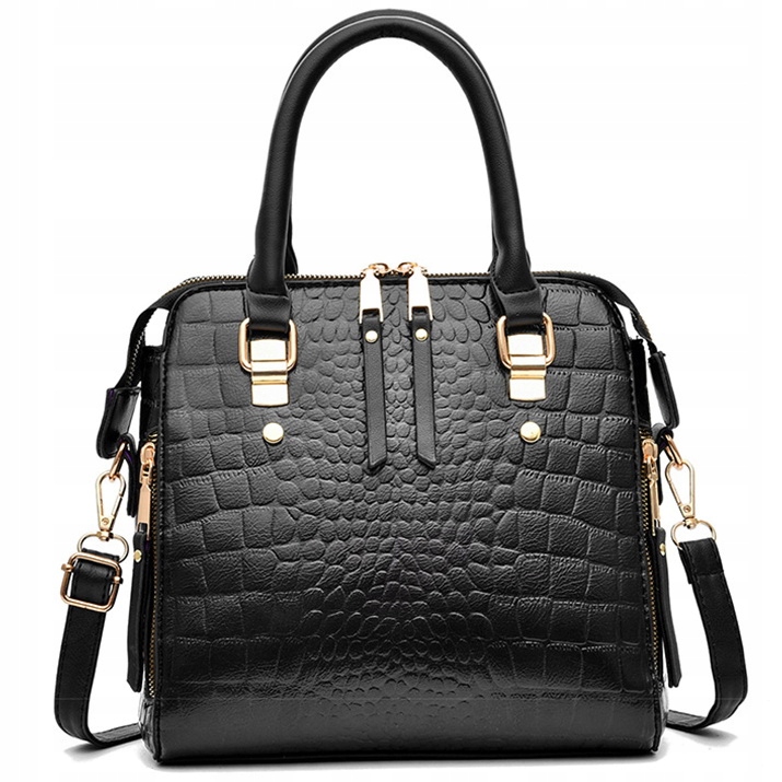 TOREBKA Damska CZARNA EKO Skóra Krokodyla Usztywniana Elegancka Brelok Kot