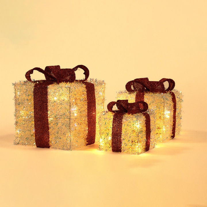 Świąteczne Pudełka Prezenty LED 3 szt. Dekoracja Boże Narodzenie Srebrne
