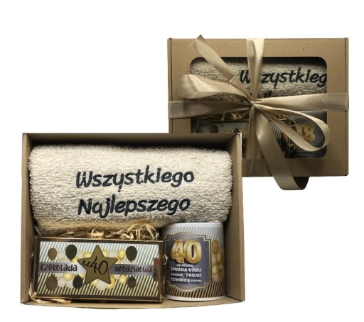 PREZENT NA URODZINY 18-70 Zestaw Kosz Prezentowy Ręcznik Kubek Czekolada