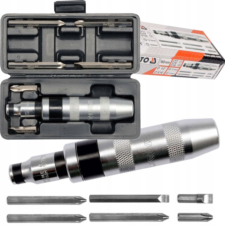 YATO METALOWY WKRĘTAK UDAROWY WYMIENNE KOŃCÓWKI + 6 BITÓW YT-2802 ETUI