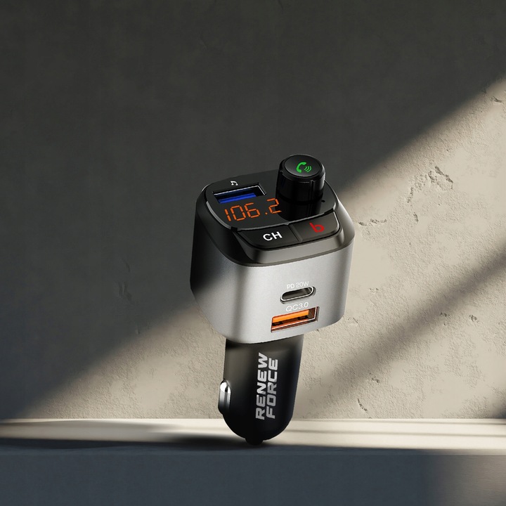 NAJMOCNIEJSZY Transmiter bluetooth FM samochodowy ładowarka 36W QC3.0 USB-C
