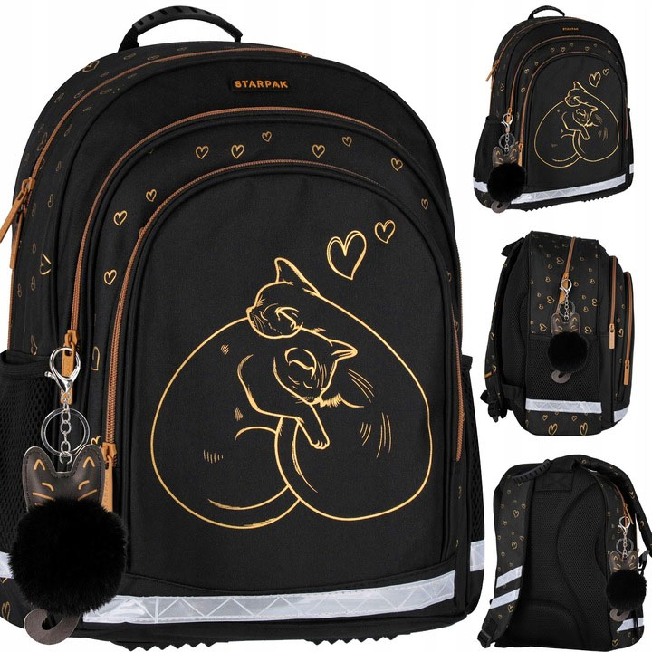 PLECAK TORNISTER SZKOLNY DLA DZIEWCZYNKI CZARNY ZŁOTY KOT KOTEK KLASA 1 3