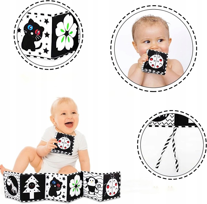 Czarno-biała, kontrastowa, miękka książka dla dzieci w wieku 0-12 miesięcy,