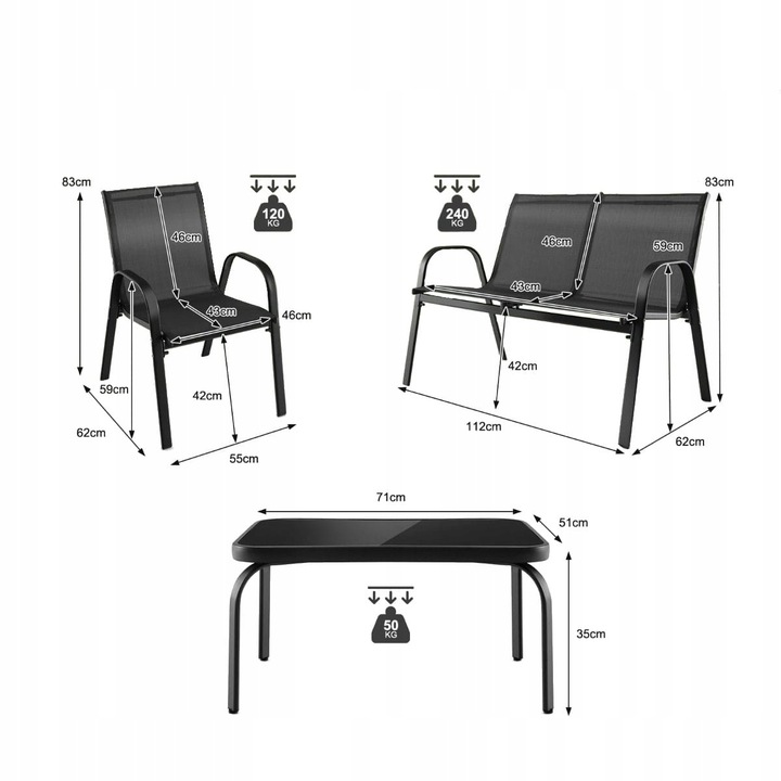 4-częściowy Zestaw mebli ogrodowych ze stolikiem ze szkła hartowanego