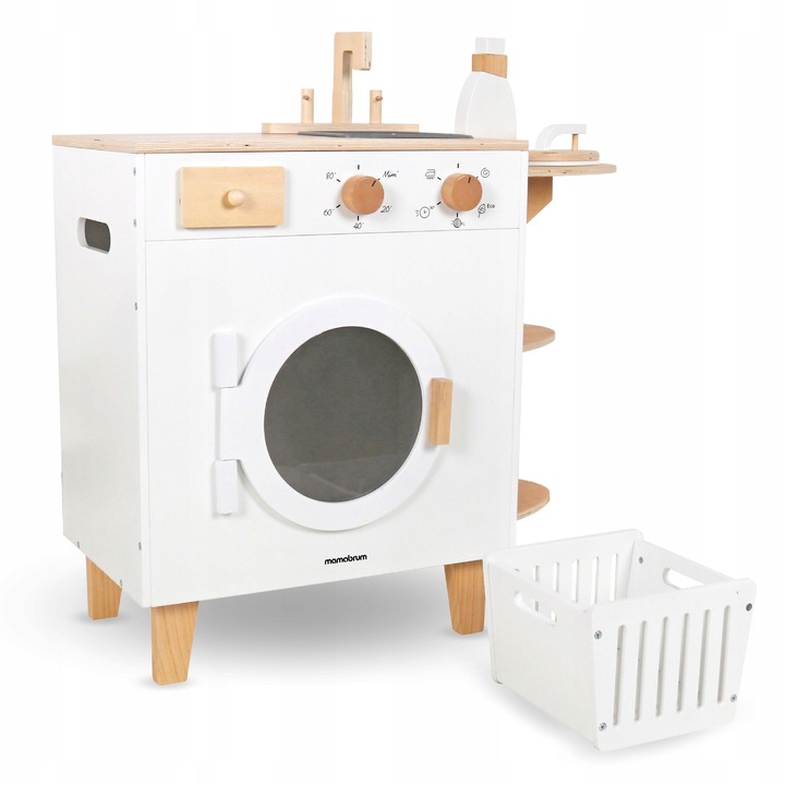 DREWNIANA PRALKA XXL - Z ŻELAZKIEM, KOSZEM, UMYWALKĄ - PRANIE MONTESSORI