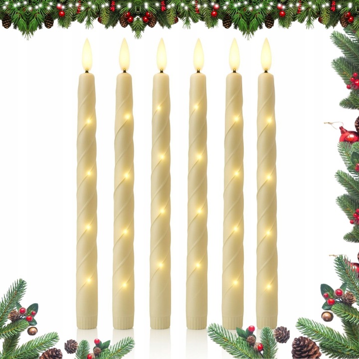 Świece stożkowe LED bezpłomieniowe stożkowe 27 cm na baterie 6 sztuk