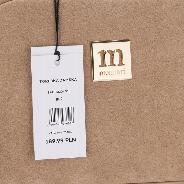 Torebka Damska Listonoszka MONNARI Camel BEŻ ZAMSZ Logo PASEK REGULOWANY