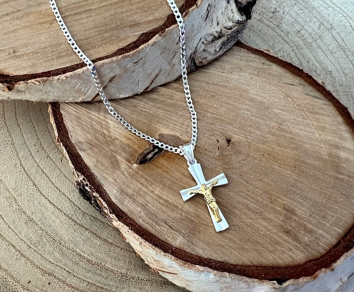 Srebrny łańcuszek i krzyżyk zestaw komunijny 45 cm srebro pozłacany prezent