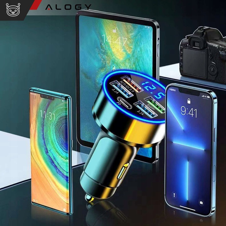 SZYBKA ŁADOWARKA SAMOCHODOWA 120W 4xUSB QC 3.0 + USB-C TYP C PD 20W CZARNA