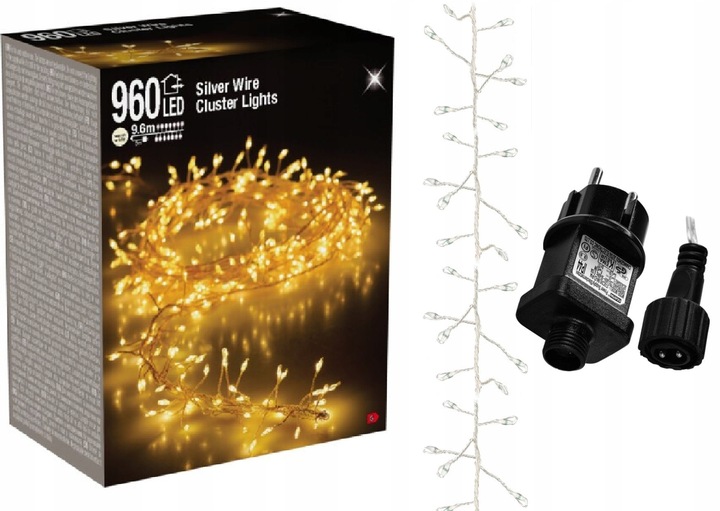 Lampki choinkowe 960 LED biały ciepły 9,6 metra CLUSTER RYŻ SREBRNY DRUCIK