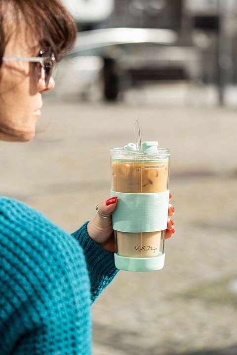 Szklany kubek do kawy ze słomką Vialli Design FUORI 600ml 30428 (miętowy)