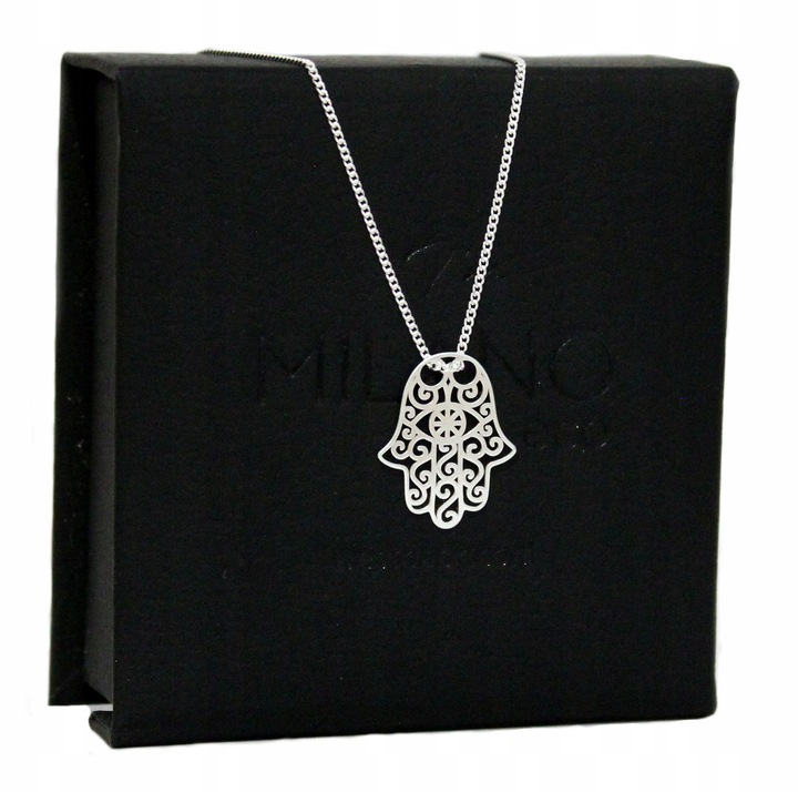NASZYJNIK SREBRNY łańcuszek z zawieszką HAMSA RĘKA FATIMY CELEBRYTKA 45 cm