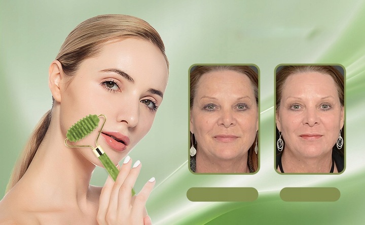 3w1 Masażer do twarzy KAMIEŃ GUA SHA z jadeitu zestaw roller wałek masażu