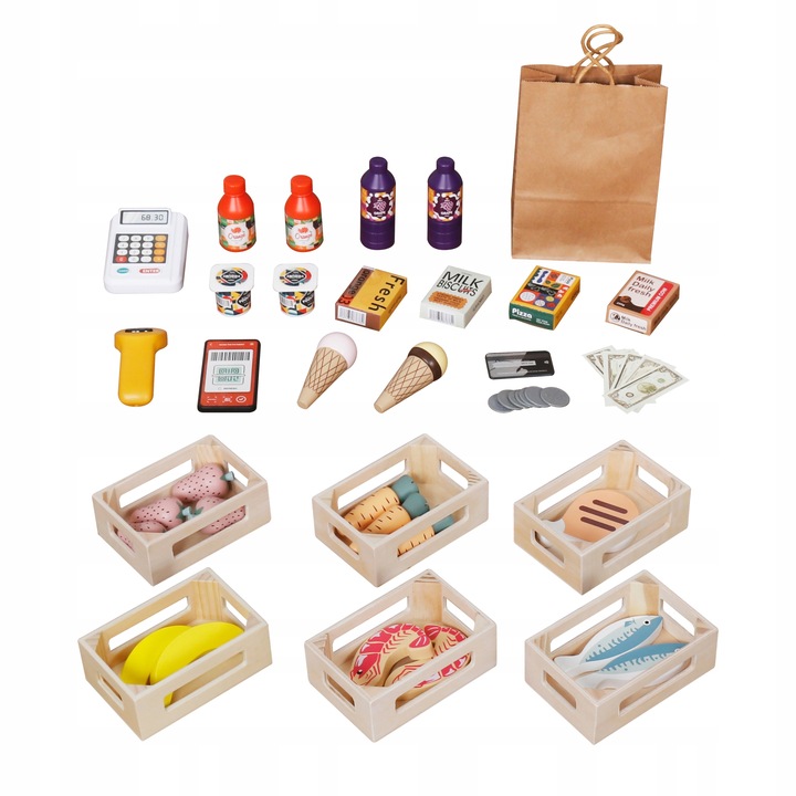 DREWNIANY STRAGAN TEATRZYK MINI MARKET SKLEP WARZYWNIAK Z AKCESORIAMI