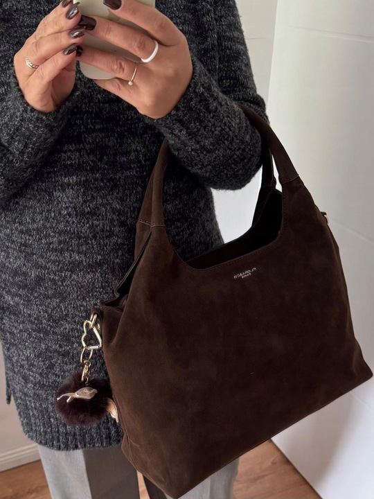 Torebka Flora&Co duża czekoladowa zamsz eco zamszowa breloczek brąz shopper
