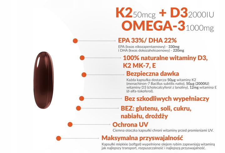 WITAMINA K2 MK-7 + D3 2000IU Vit E OMEGA-3 90kaps