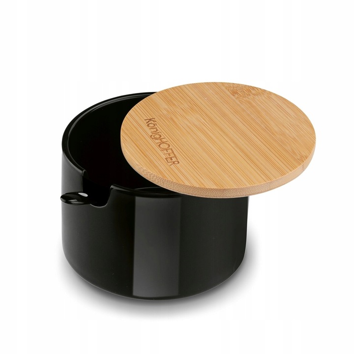 Czarna CUKIERNICA +ŁYŻECZKA pojemnik na CUKIER z bambusową POKRYWKĄ 350ml