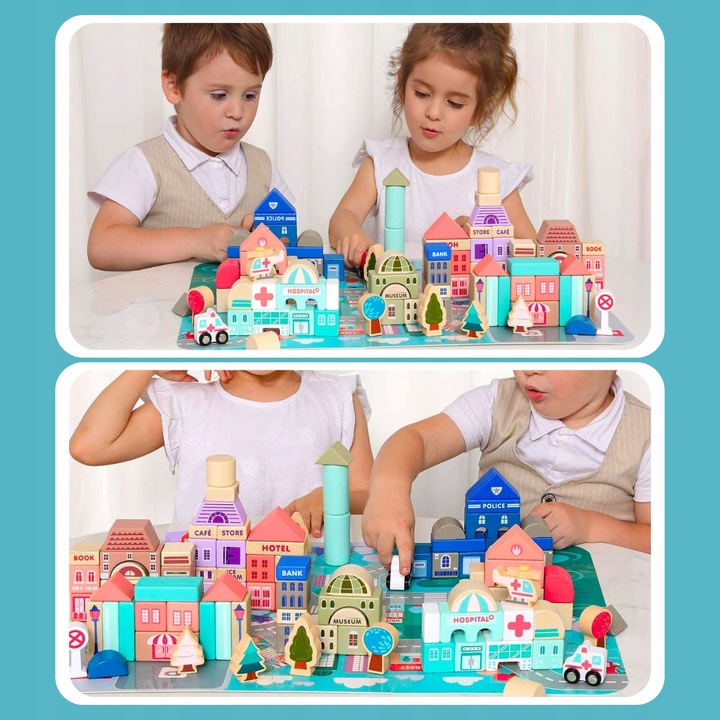 DREWNIANE KLOCKI ZESTAW DROGA MIASTO AUTA 115 ELEMENTÓW MATA PUZZLE