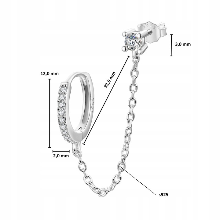 K570 Kolczyki z kryształkami połączone łańcuszkiem srebrne zatrzask sztyft