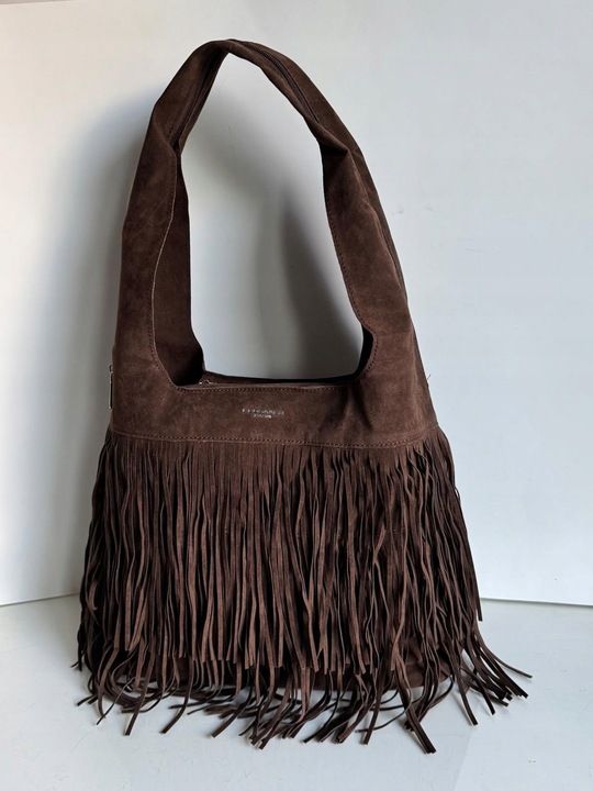 Torba Flora&Co torebka frędzle worek zamsz zamszowa eco brązowa czekoladowy