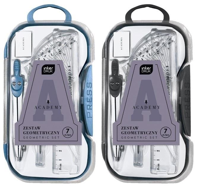 Zestaw Geometryczny 7 elementów CYRKIEL, LINIJKA, EKIERKI, RYSIKI Interdruk