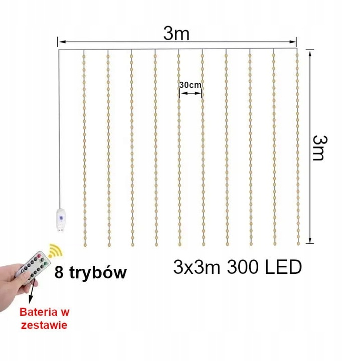 KURTYNA MIKRO LED DRUCIK 3x3m LAMPKI SOPLE + PILOT + ZASILACZ BIAŁY ZIMNY