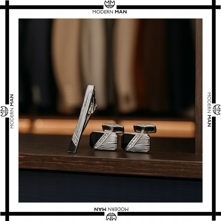 ZESTAW SPINKI DO MANKIETOW I KRAWATA SREBRNO CZARNE ELEGANCKI DLA MEZCZYZNY