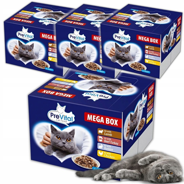 MOKRA KARMA DLA KOTA MIX 4 SMAKÓW MEGABOX 96X100G SASZETKI W SOSIE PREVITAL