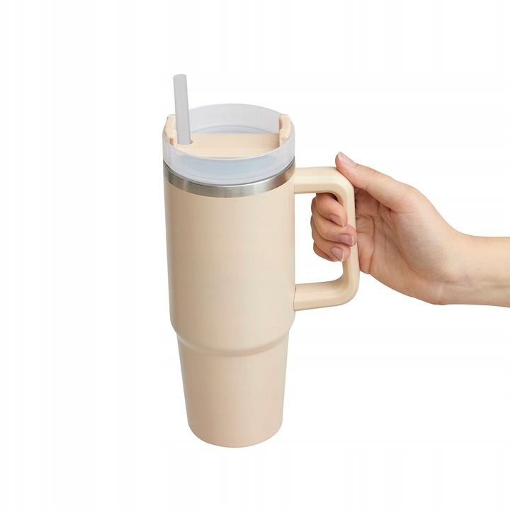 KUBEK TERMICZNY z Uchwytem i Słomką SZCZELNY 900 ml do AUTA STAL Nierdzewna