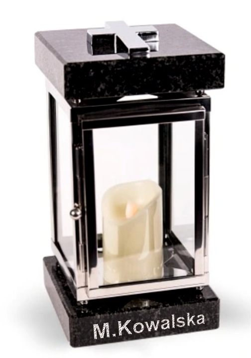 Lampion znicz nagrobny na pomnik srebrny stal nierdzewna + czarny granit