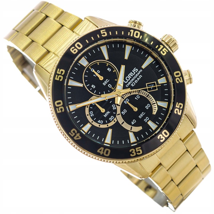 MĘSKI ZEGAREK LORUS RM330JX9 ZŁOTY NA BRANSOLECIE CHRONOGRAF DATA 100M