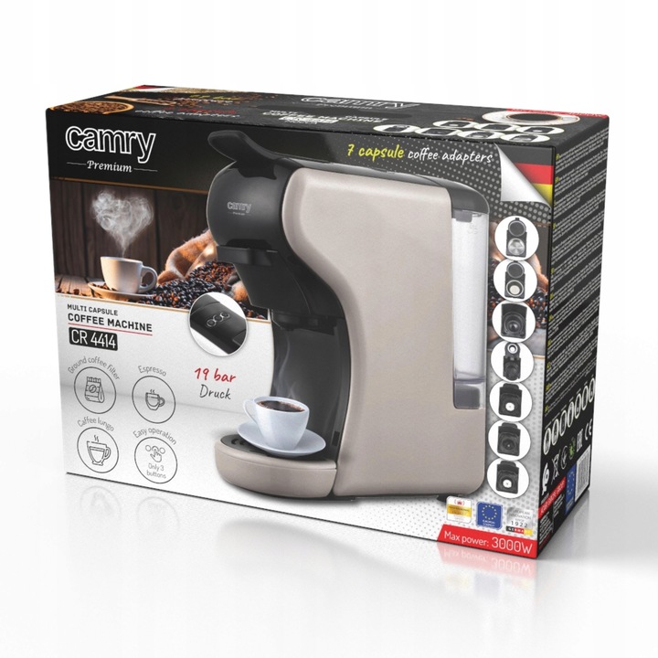 Ekspres Camry CR 4414 - 9 Typów Kapsułek, 19 Bar, Szybkie Parzenie
