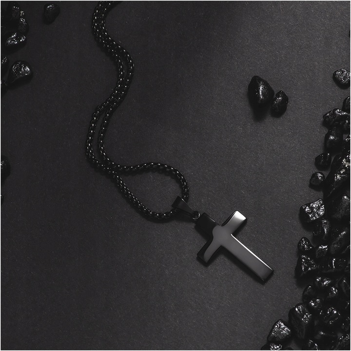 Naszyjnik z krzyżem męski stal chirurgiczna czarny splot grawer BLINGART