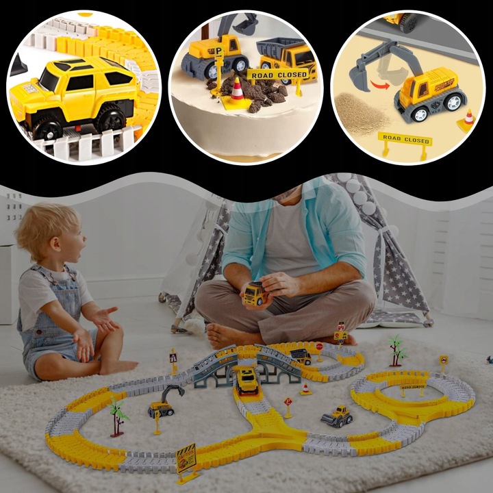 TOR SAMOCHODOWY WYŚCIGOWY DLA DZIECI POJAZDY BUDOWLANE NA PREZENT 255 EL.