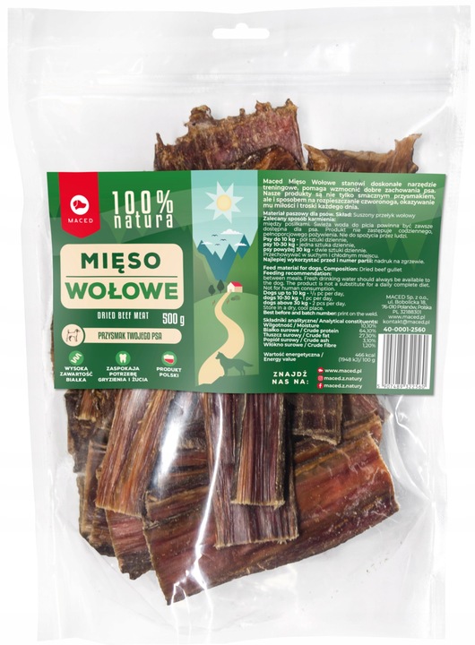 MACED MIĘSO WOŁOWE suszone przełyki 500g 100% Naturalny Przysmak dla psa