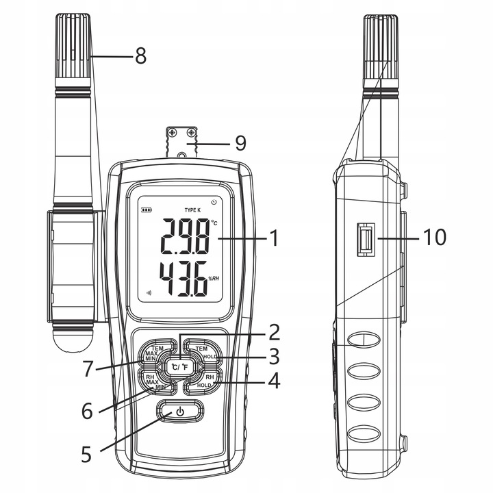 HIGROMETR WILGOTNOŚCIOMIERZ MIERNIK WILGOTNOŚCI TEMPERATUR POWIETRZA BT LCD