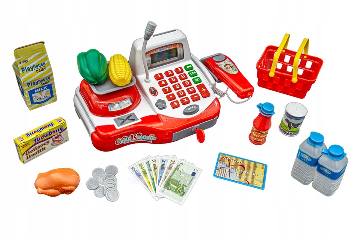 SUPERMARKET SKLEP Kasa Fiskalna Produkty Skaner Koszyk Mikrofon Waga Monety